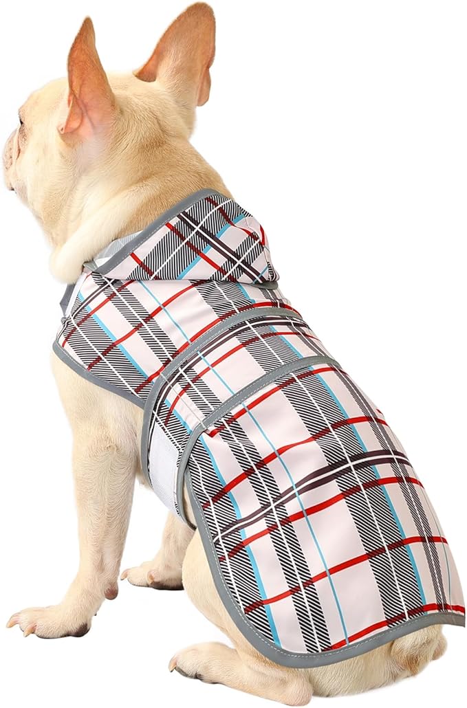 Dog Raincoat for Medium Dogs Waterproof Jacket Hooded Rain Coats with Reflective Strips Leash Hole & Poncho Adjustable Fit (Plaid,M)