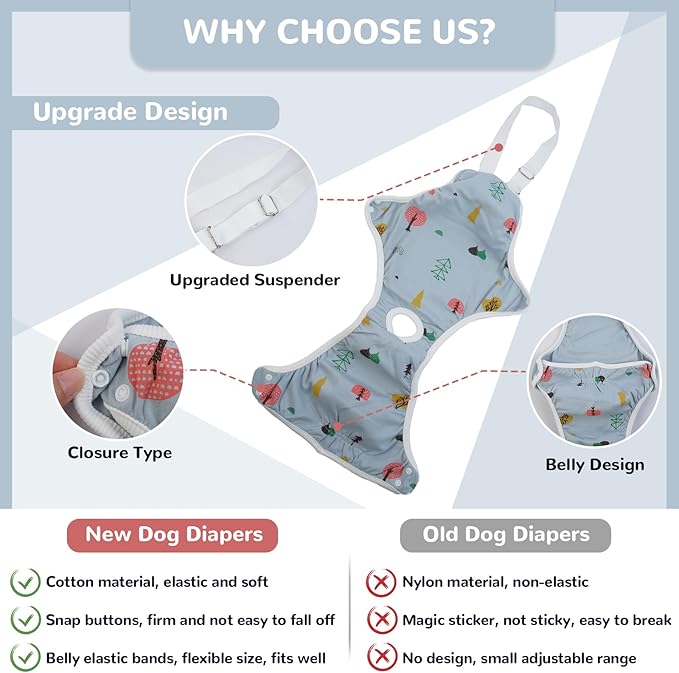 QBLEEV Dog Diapers Female Washable Sanitary Pantie with Adjustable Suspender, Reusable Doggie Diapers for Male Girl Dogs in Heat, Pet Period Panties Dog Underwear Jumpsuits for Teddy French Bulldog L