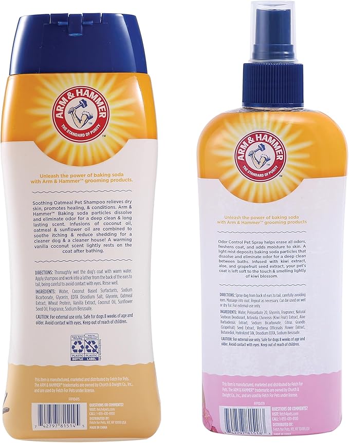 Arm & Hammer Soothing Oatmeal Dog Shampoo, 20 Fl Oz & Super Deodorizing Spray Bundle for Dogs, 8 Fl Oz – Gentle Vanilla Coconut Shampoo & Kiwi Blossom Odor Eliminator Spray