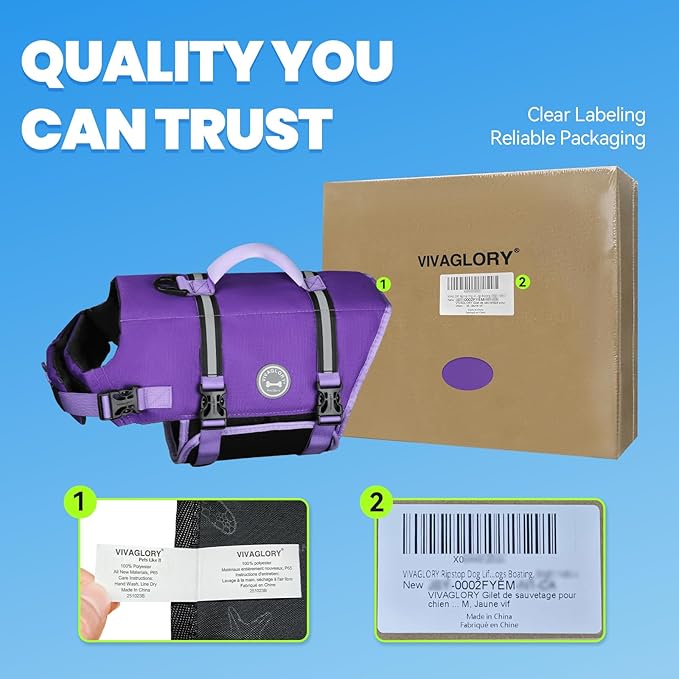 VIVAGLORY Rip Stop Dog Life Vest, Swimming Vest with Handle, Buoyancy for Doggy Puppy, Dog Life Jacket for Swimming & Boating, XL, Purple