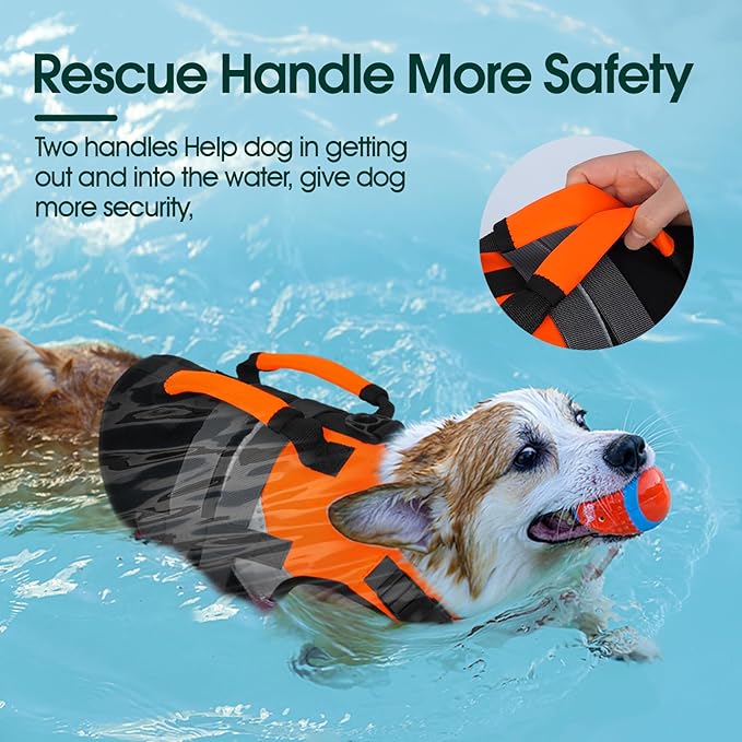 Kuoser Dog Life Jacket with Rescue Handle, High Flotation Dogs Swim Vest with Reflective Strips,Adjustable Dog Life Vest for Swimming, Boating, Pool&Beach, Doggy Lifejacket for Small Medium Large Dogs