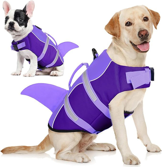 AOFITEE Dog Life Jacket, Shark Dog Life Vest for Swimming Boating, High Flotation Pet Lifesaver with Rescue Handle, Reflective French Bulldog Lifejacket, Swim Vest for Small Medium Large Dogs, M