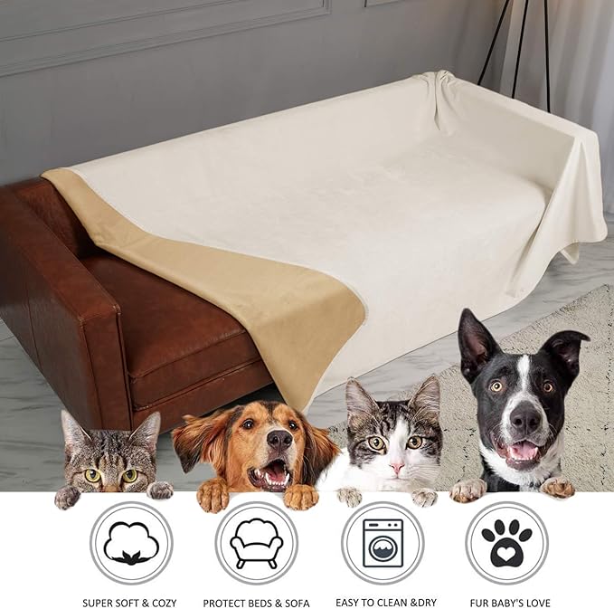 Ameritex Pet Bed Blanket Reversible 100% Waterproof Velvet Super Soft for Sofa and Bed (82x102 Inches, Cream+Sand)
