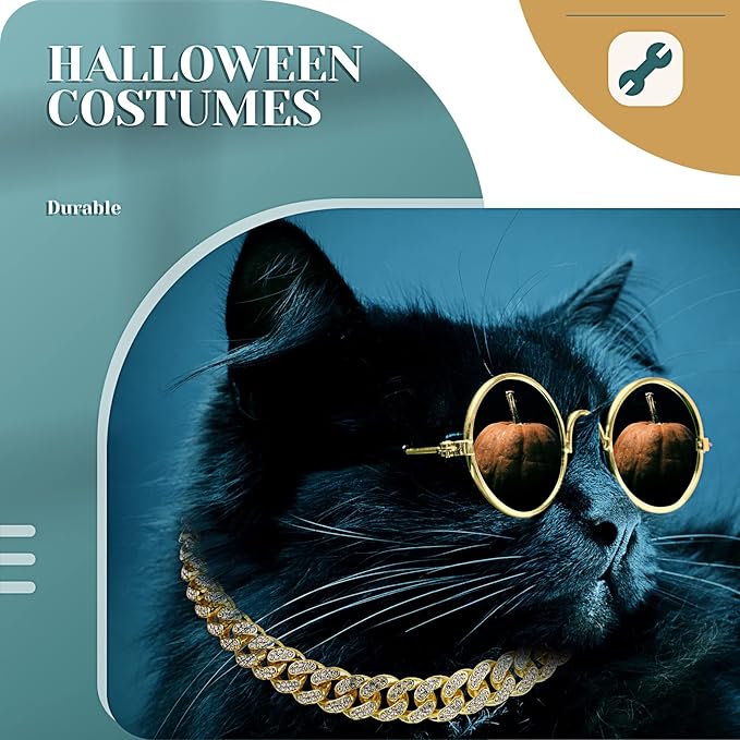 Xuniea 2 Pieces Cat Dog Chain Collar and Sunglasses Set Rhinestone Necklace with Secure Buckle Round Glasses for Doll Cat Dog Pet Accessories(12 Inch,Gold, Black)