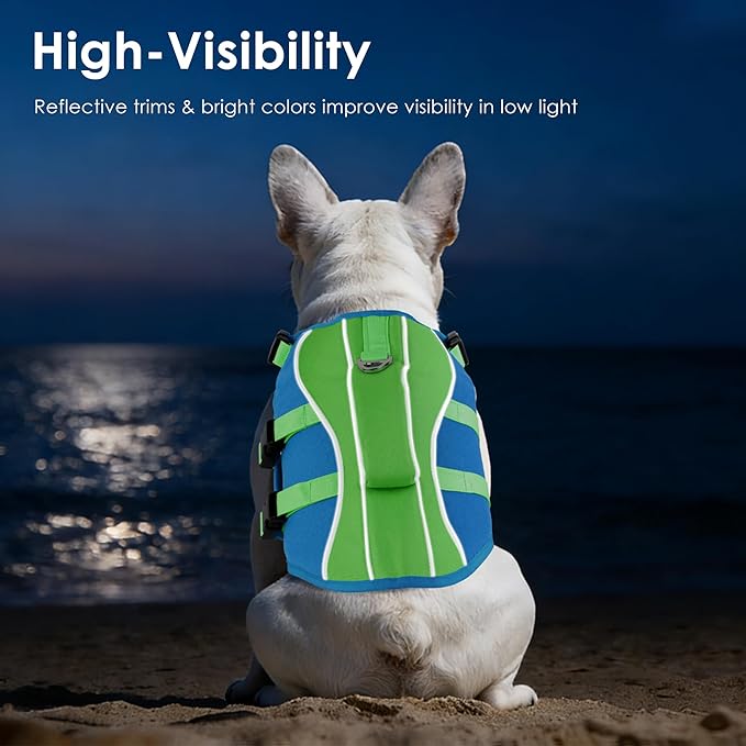 Dog Life Jacket, High Buoyancy Dog Life Vest with Handle for Swimming Boating, Adjustable Swimming Vest with Reflective Trim for Small Medium Large Dogs - Blue & Green, L