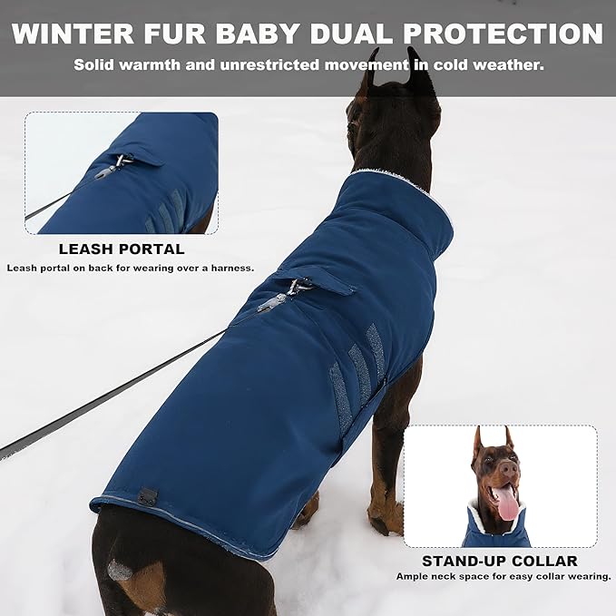 Mklhgty Extra Warm Dog Coat, Waterproof Dog Winter Jacket with Leash Portal, Fleece Reflective Pet Snow Vest for Small Medium Large Dogs - Blue - M