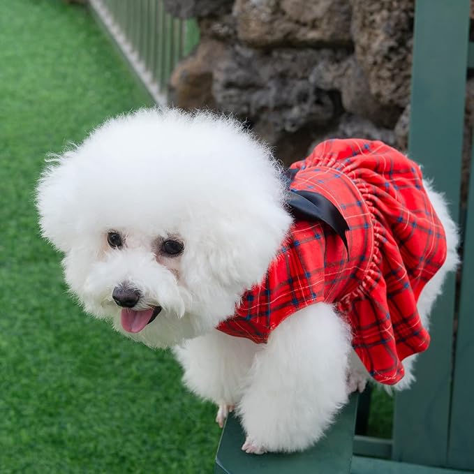 CuteBone Turtleneck Dog Christmas Dress Velvet Puppy Skirt Costume Pet Clothes Cat Apparel with Bow Hair Rope for Small Dogs CVD05XS