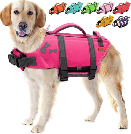 EMUST Dog Life Preserver, Good Visibility Dog Flotation Vest for Swimming Beach Boating Kayaking, Pet Water Vest for Medium Dogs, BrightPink, M