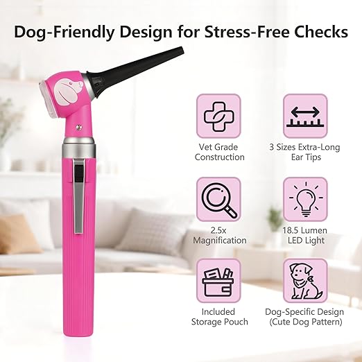 Pocket Veterinary LED Otoscope - Pet Ear Scope with Light for Dogs & Cats, 6 Disposable Tips (4/6/9mm), Portable Ear Infection Detector (Pink)