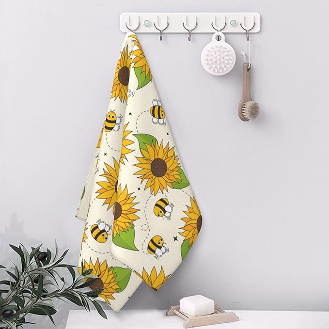 Bees and Sunflowers Hand Towels for Bathroom Set of 2 Hand Bath Towels Soft Absorbent Decorative Hand Towel for Bathroom Kitchen Yoga Home Decor 14 x 28 in