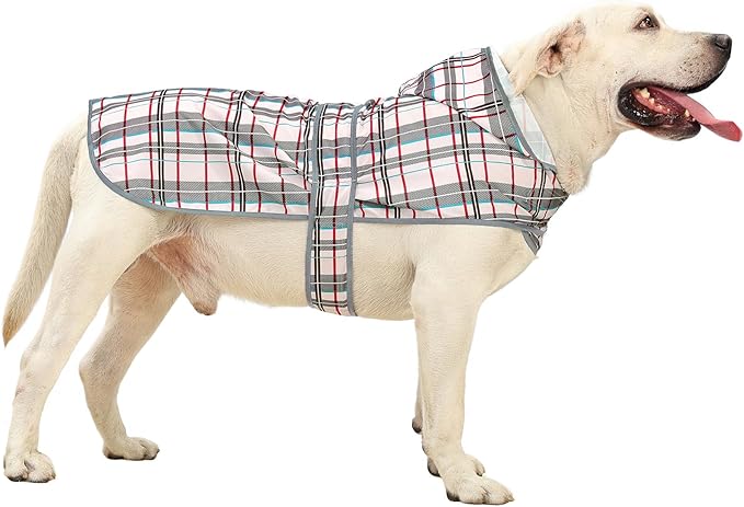 Dog Raincoat for Large Dogs Waterproof Jacket Hooded Rain Coats with Reflective Strips Leash Hole & Poncho Adjustable Fit (Plaid,XL)