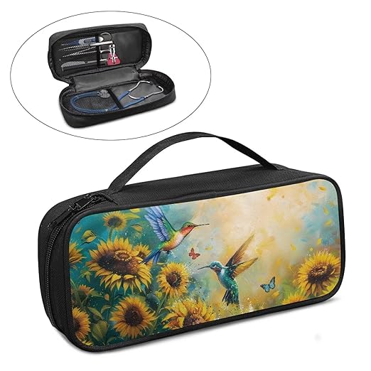 Gomyblomy Sunflower Hummingbird Stethoscope Case Compatible with Most Stethoscopes, Lightweight Stethoscope Case with Extra Mesh Pocket for Nurse Accessories