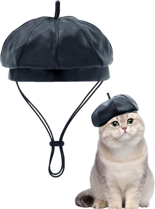 PET SHOW Dog Beret Hat for Small Dogs Cats Party Holiday Headband Cap French Leather Berets with Adjustable Chin Strap Cute Fashion Puppy Hats Pets Costumes Accessories(Black,S)