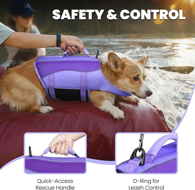 VIVAGLORY Front Float Dog Life Vest, Dog Life Jacket for Swimming & Boating, Swimming Vest with Chin Float & Handle, Ripstop & Buoyancy for Puppy Doggy, XL, Purple