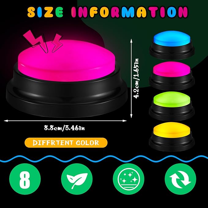 Honoson 8 Pack Recordable Answer Buzzers Button Custom Programmable Sound Buttons Funny Birthday Gifts for Family Trivia Nights Classroom Communication Study Home Office Game(Bright Color)