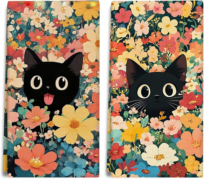 Black Cat Flower Spring Kitchen Towels and Dishcloths Set of 2, Cute Decorative Hand Towel Drying Cloth for Bathroom, Gifts for Cat Lovers, Hostess, Women, 16x24 Inches -21