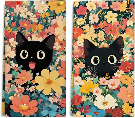 Black Cat Flower Spring Kitchen Towels and Dishcloths Set of 2, Cute Decorative Hand Towel Drying Cloth for Bathroom, Gifts for Cat Lovers, Hostess, Women, 16x24 Inches -21
