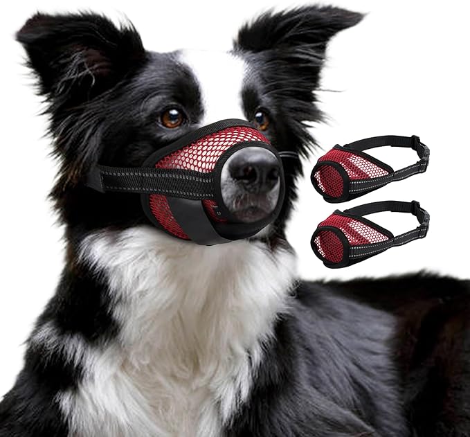 2 Pack Dog Muzzle for Large Dogs, Soft Air Mesh Breathable Muzzle Allows Panting Drinking, Adjustable Pet Muzzles with Upgraded Buckle to Prevent Biting Barking for Walks, Training, Red, XL