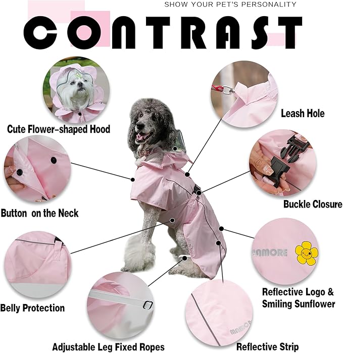 MAMORE Dog Raincoat Waterproof Dog Rain Jacket with Cute Hood for Small Medium Large Dogs Puppy Poncho Reflective Adjustable (Pink, XXX-Large)