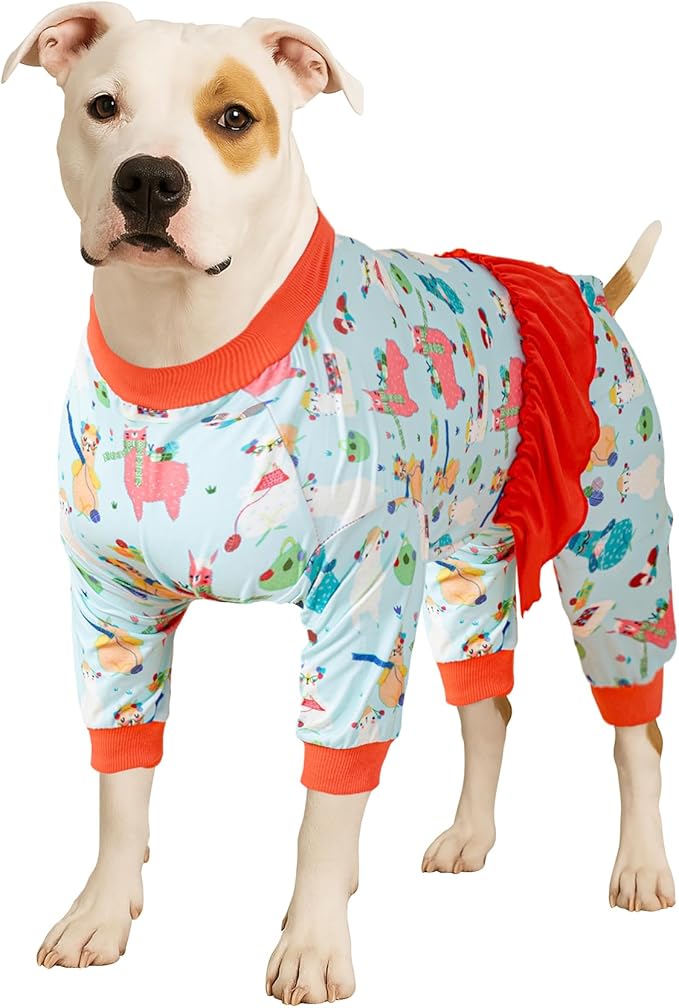 LovinPet Big Dog Pajamas for Large Dogs - UV Protection, Post Surgery Recovery Shirt, Lightweight Knit Stretchy Fabric, Aqua Alpaca Print, Undershirt for Dog Dresses,Orange L