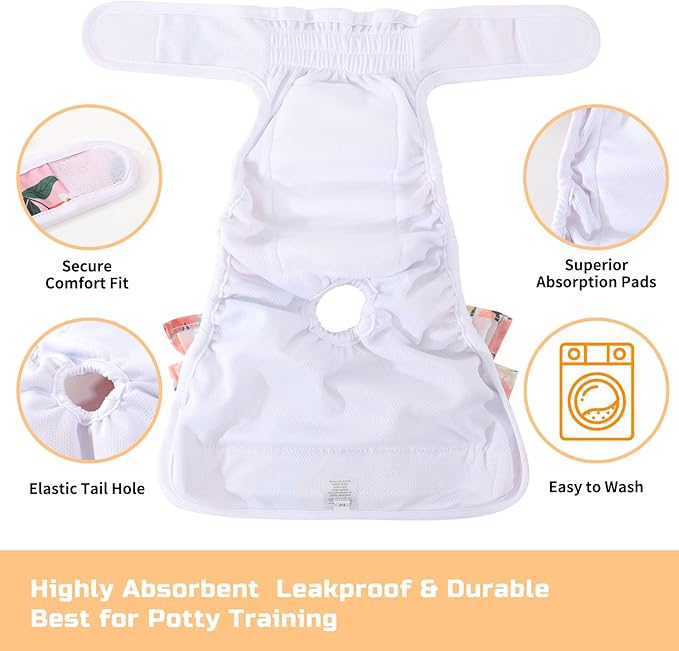 Reusable Dog Diapers Female 3 Pack Reusable Premium Highly Absorbent Doggie Diapers, Flexible Puppy Diapers, Durable Leak-Proof Fruit Dog Diapers for Period Heat Incontinence Puppy Training, M