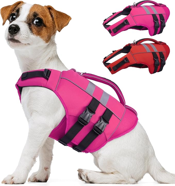 Kuoser Small Dog Life Jacket, High Flotation Dog Water Vest for Swimming Boating, Reflective Doggie Swimming Vest Pet Life Preserver with Rescue Handle, Rose XS