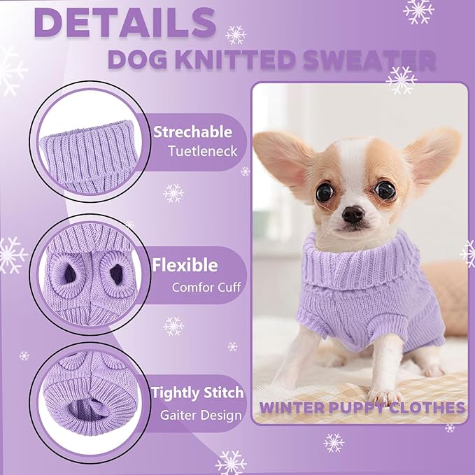 Dog Sweater for Small Dogs Autumn Winter Dog Knitted Sweaters Warm Puppy Clothes Turtleneck Pullover Coat Pet Clothing for Chihuahua Teacup Yorkie (Purple Medium)