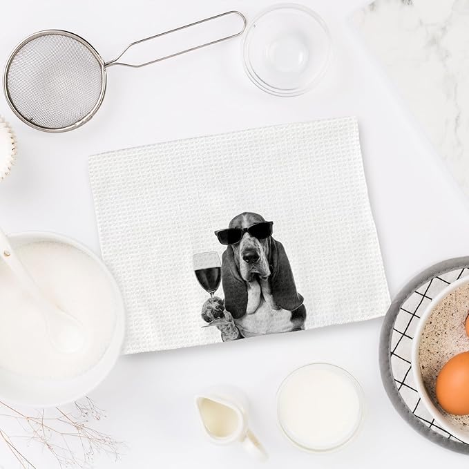 Gifts for Basset Hound Dog Wine Lovers Kitchen Towels Set of 2, Basset Hound Gifts Wine Decorative Hand Dish Towel for Kitchen Home Bar, Funny Dog Beer Lover Home Bar Cart Decor(16x24 Inch)