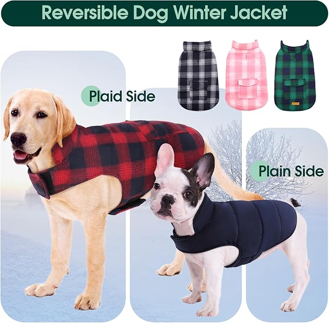 Kuoser Dog Winter Coat, Reversible Dog Jacket, Warm Doggie Coat British Style Puppy Cold Weather Vest, Windproof Pet Clothes Vest for Small Dogs, Red S