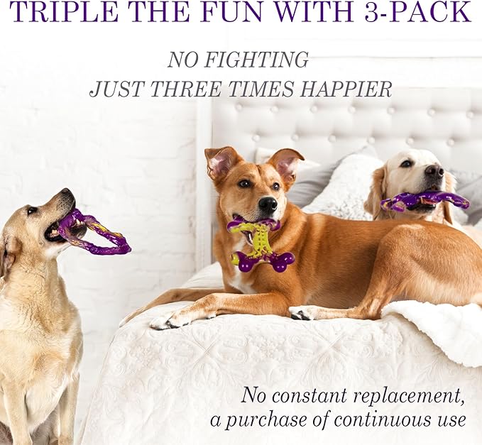 Tough Dog Toys for Aggressive Chewers 3 Pack, Indestructible Dog Toy for Large Dogs, Keeps Dogs Busy Bacon Flavored Nylon Bone for 15-60lbs Medium/Large Breeds, Interactive Dog Toys
