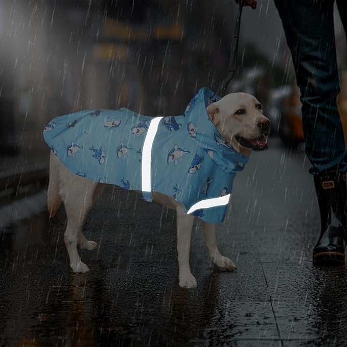 DELIFUR Large Dog Raincoat - Waterproof Dog Rain Poncho Adjustable Double Layer Rain Jacket with Hood for Medium Large Dogs Designed with Leash Hole Reflective Strip(Blue Shark, Large)