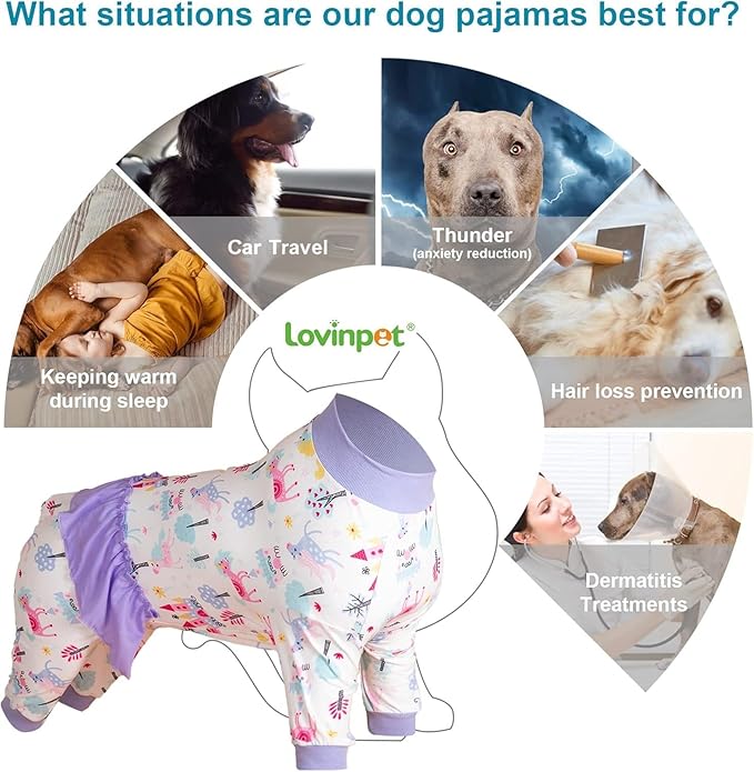 LovinPet 3XL Dog Pjs - High Collar Cotton Dog Onesie, UV Protection, Post Surgery Recovery Shirt,Lightweight Stretchable Fabric, Fairytale Print, Pet Pajamas for Dogs, Purple 3XL