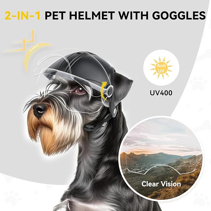PETLESO Small Dog Helmet, Pet Motorcycle Helmet with Ear Holes, Adjustable Pet Safety Hat with Flip-Up Clear Visor, Small-Medium Puppy Heads Protection, Non-Spiked