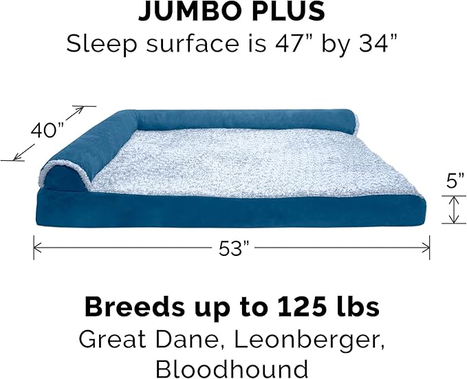 Furhaven Replacement Dog Bed Cover Two-Tone Faux Fur & Suede L Shaped Chaise, Machine Washable - Marine Blue, Jumbo Plus (XX-Large)