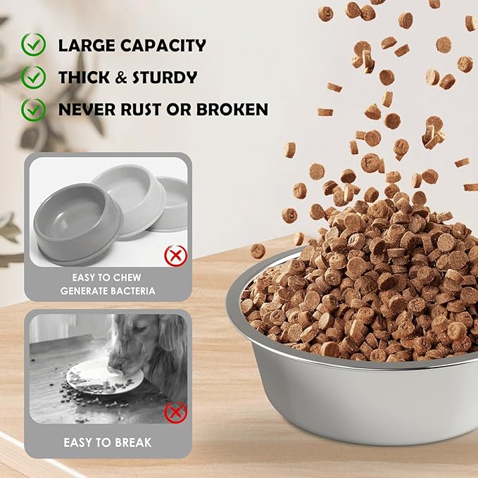 Stainless Steel Dog Bowls with Mat - Non-Slip EVA Rubber Bottom, Food & Water Bowl for Dogs, Cats - Dishwasher Safe