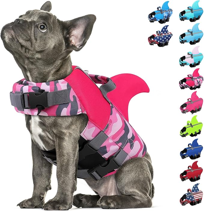 SUNFURA Dog Life Jacket Shark Life Vest for Dogs, Adjustable Swmming Vest with High Buoyancy, Safety Lifesaver with Rescue Handle for French Bulldog Small Medium Breeds, PinkCamo M