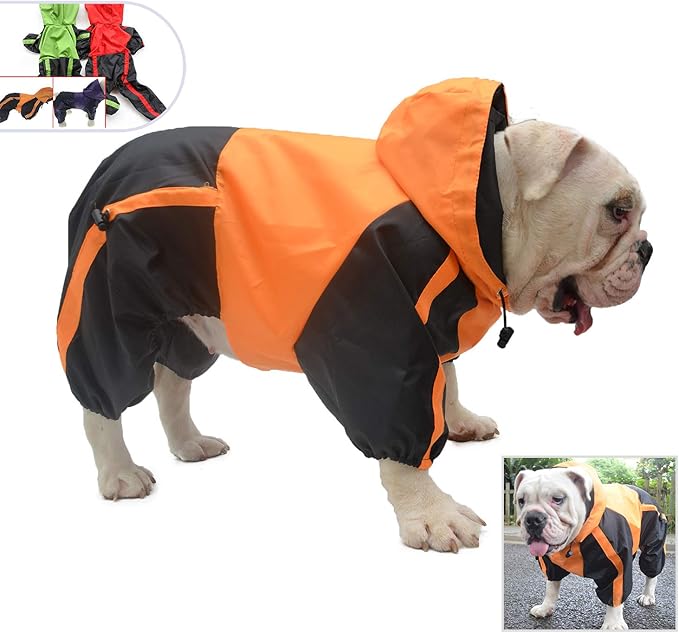 Lovelonglong American Bully Pitbull Dog Hooded Raincoat, Bulldog Rain Jacket Poncho Waterproof Clothes with Hood Breathable 4 Feet Four Legs Rain Coats for Pugs English French Bulldog Orange B-L