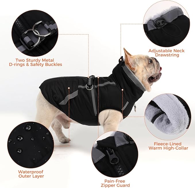 Mihachi Dog Snow Jacket Waterproof Dog Coat with Harness Built in,Thick Fleece Lined & Pockets,Turtleneck Warm Winter Jacket for Large Dogs Reflective Fleece Vest with Zipper,Snowsuit Outfit,Black XL