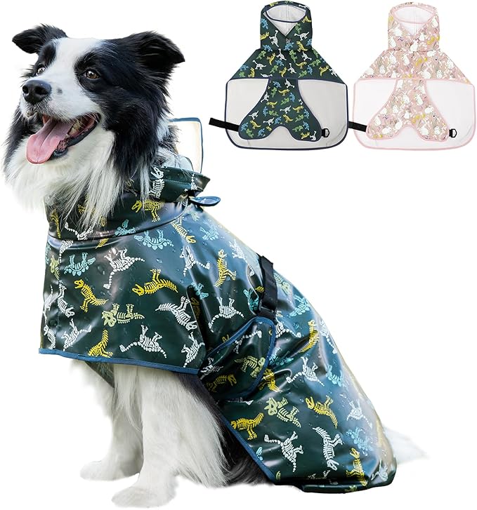 Dog Raincoat, Waterproof Windproof Dog Rain Jacket with Hood, Rain Coat with Leash Hole, Adjustable Raincoat Poncho for Small Medium Large Dogs Outdoor (Green, L)
