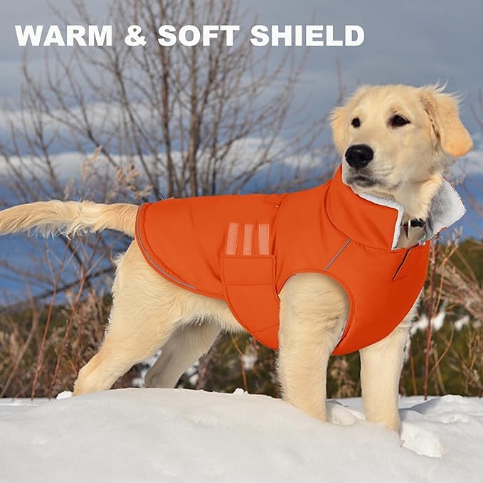 Mklhgty Extra Warm Dog Coat, Waterproof Dog Winter Jacket with Leash Portal, Fleece Reflective Pet Snow Vest for Small Medium Large Dogs - Orange - XL