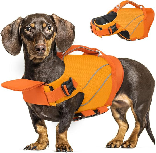 Queenmore Dogs Life Jackets, Dog Life Vest for Swimming Medium, Ripstop Pet Lifesaver with Rescue Handle, Chin Float Dog Life Jacket, Cat Pool Float (Orange,M)