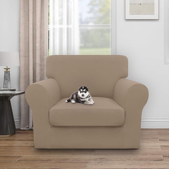 Easy-Going 100% Dual Waterproof 2 Pieces Chair Cover Stretch Soft Couch Cover for Dogs, Sofa Slipcover for 1 Separate Cushion Couch Leakproof Furniture Protector for Kids, Pets Camel