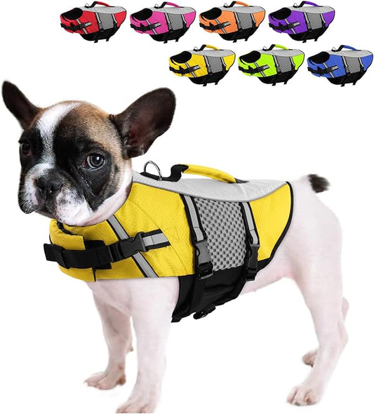 Queenmore Dog Life Jacket Swimming Vest Small Medium Dogs Neoprene Life Vest Lightweight Reflective Dog Lifesaver for Boating Kayaking Yellow,L
