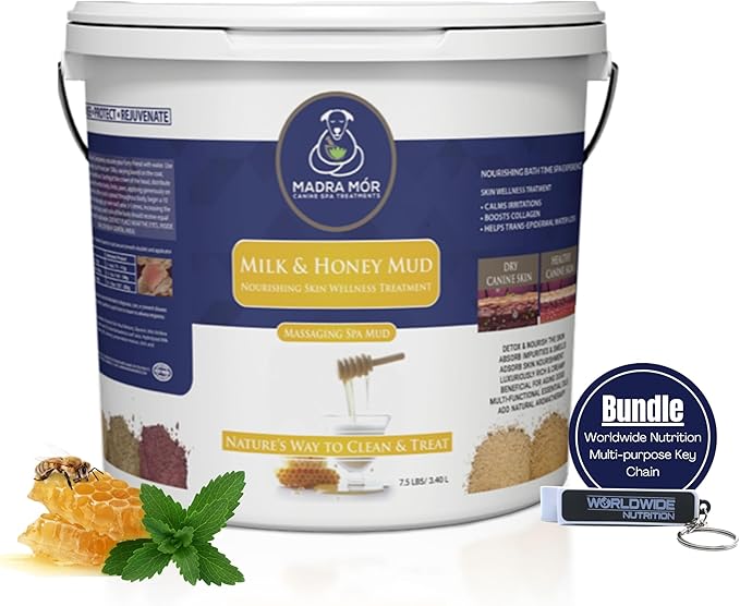 Worldwide Nutrition Madra Mor Milk & Honey Mud Spa Bath for Dogs | Dog Bath for Dog Grooming | Dog Coat Skin Care Products | 7.5lb Pail Mud Bath Dog Essentials with Multi-Purpose Key Chain, brown