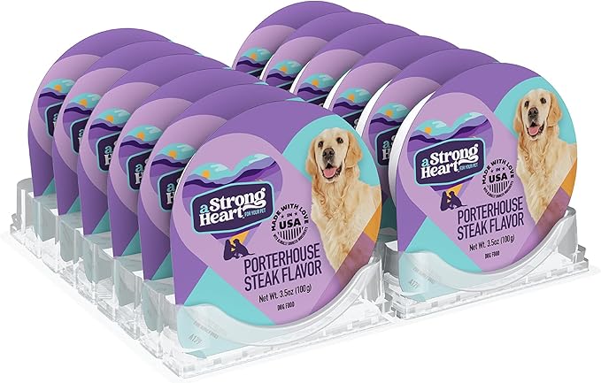 A Strong Heart Wet Dog Food Cups, Porterhouse Steak Flavor - 3.5 oz Cups (Pack of 12), Made in The USA with Real Beef