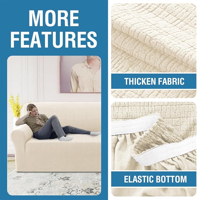H.VERSAILTEX Jacquard Couch Covers for 3 Cushion Couch 1 Piece Stretch Sofa Covers Furniture Protector Anti-Slip Soft Thickened Dogs Slipcovers Washable Crizzle Pattern(Sofa, Ivory)