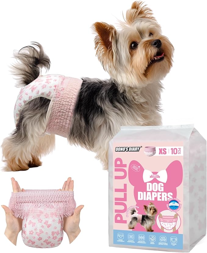 Dono Disposable Pull It Up Female Dog Diapers, 360° Stretchy Waist Puppy Diapers, Super-Absorbent Doggie Diapers with Rapid-Dry Technology Leak-Proof Design for Doggy in Heat Period, XS 10 Pcs