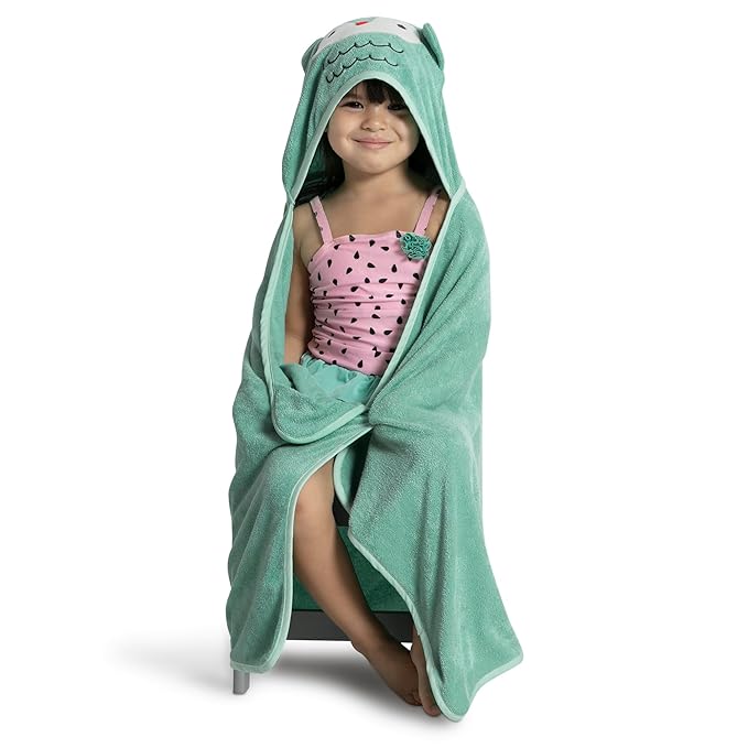 Delta Children Kids Hooded Bath Towel with Pockets - Super Soft and Absorbent- Great Gift for Boys and Girls, Light Teal Owl