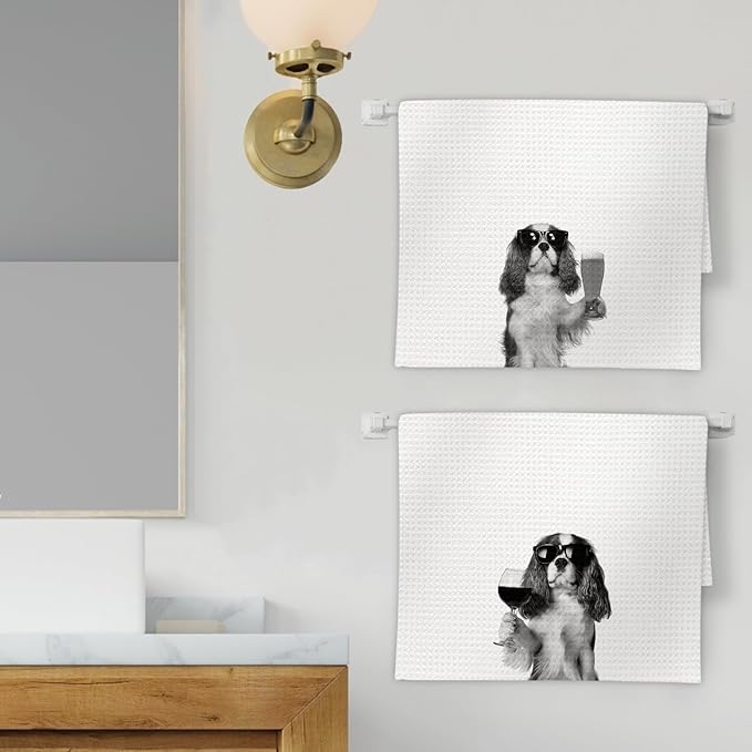 Cavalier King Charles Spaniel Gifts Wine Kitchen Towels Set of 2, Gifts for Cavalier Dog Beer Lovers Decorative Hand Dish Towel for Kitchen Home Bar, Funny Dog Home Bar Cart Decor(16x24Inch)