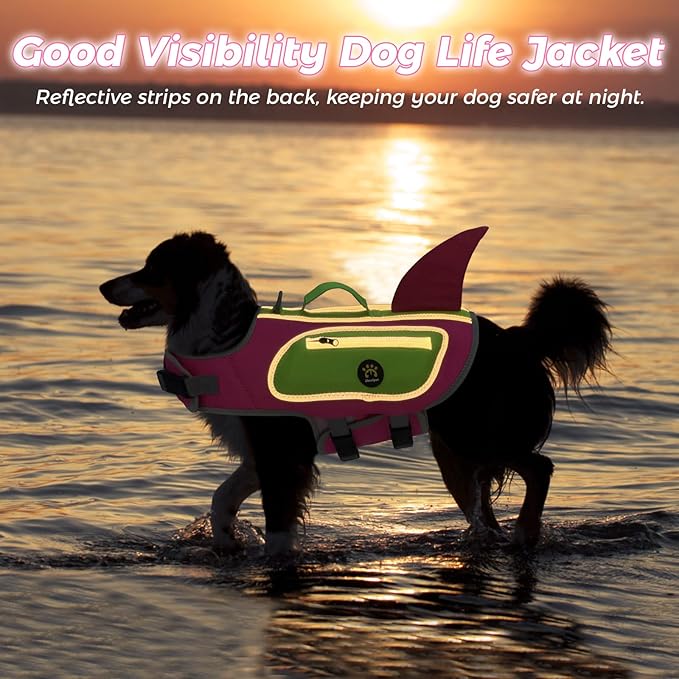 Dog Life Jacket, High Buoyancy Shark Dog Safety Vest, Neoprene Pet Life Preserver with Good Visibility & Reflective, Puppy Swim Floating Vest with Rescue Handle for Boating (Rosepink, Small)